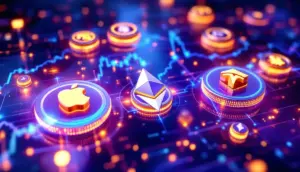 トークン化された米国株式のチャートが浮かび上がる未来的な金融プラットフォーム