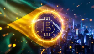 ブラジル国旗とビットコインのシンボルが融合した未来的なイメージ。背景にはサンパウロの金融街が描かれている