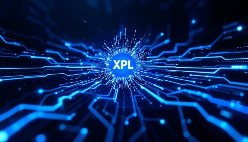 ステーブルコインに特化した新しい仮想通貨Plasmaのネットワークを表す未来的なデジタル画像