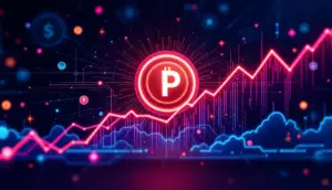 ソラナのネットワーク上で価格が急騰するPUMPトークンを象徴する未来的なイラスト