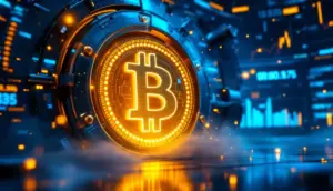 企業がビットコインを戦略的に蓄積する様子を示す未来的なデジタル金庫のイメージ