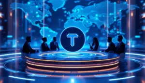 ステーブルコインUSDTのロゴが中央に浮かぶ未来的な会議室で、ソフトバンクとアーク・インベストメントの幹部が協議している様子