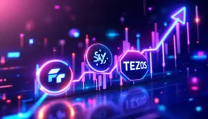 未来的な背景に浮かび上がる仮想通貨のロゴと上昇を示すチャート