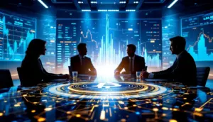 企業の役員たちがビットコインとドージコインのホログラムを囲んで議論する未来的な会議室の風景。