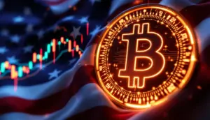 アメリカ国旗と絡み合うように光る仮想通貨のコイン。背景には乱高下する金融チャートが表示されている