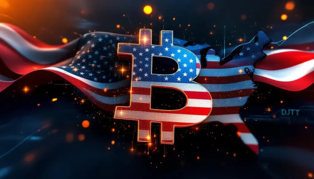 アメリカ国旗とビットコインのロゴが融合したデジタルアート