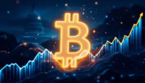 米国議会議事堂とビットコインのロゴが重なり、401（k）退職金制度の成長を示すグラフ