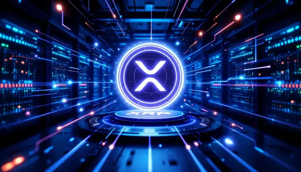未来的なマイニング施設の中央で輝くリップル（XRP）のロゴ。
