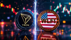 トロンのロゴとアメリカ国旗を模したWLFIコインがデジタルな壁で隔てられている様子