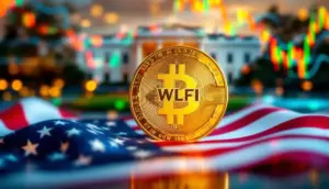 WLFIのロゴが入った金色のコインが、デジタルの米国旗の上に置かれ、背景にはホワイトハウスと金融チャートが描かれている様子