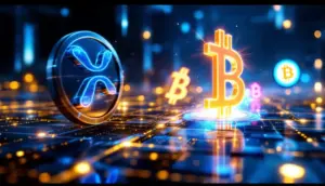 失速するリップル（XRP）と、新たに浮上する4つの有望なアルトコインを象徴する未来的なイメージ