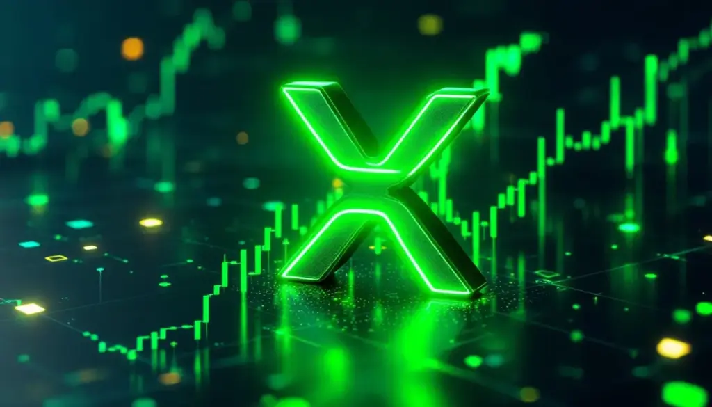 上昇傾向を示すチャートを背景に、緑色に輝くリップル（XRP）のロゴ。