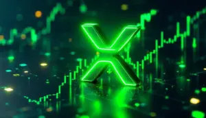 上昇傾向を示すチャートを背景に、緑色に輝くリップル（XRP）のロゴ。
