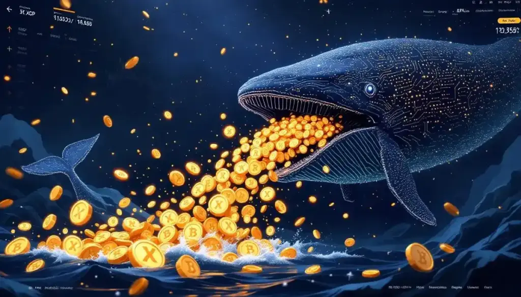 XRPコインを放出しているクジラのデジタルアート。仮想通貨市場の売り圧力を象徴している。