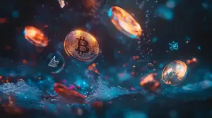 暗闇から光へと突き抜ける仮想通貨コインと、デジタルアイデンティティやAIネットワークのシンボルが描かれた未来的な構図