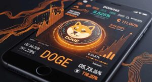 スマートフォンに浮かぶ上がるドージコインのシンボル、チャート、価格情報