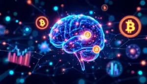 AIが仮想通貨のデータを分析している未来的なイメージ