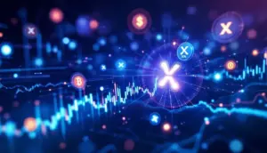 AIがリップル（XRP）やソラナ（SOL）などの仮想通貨データを分析している未来的なイメージ