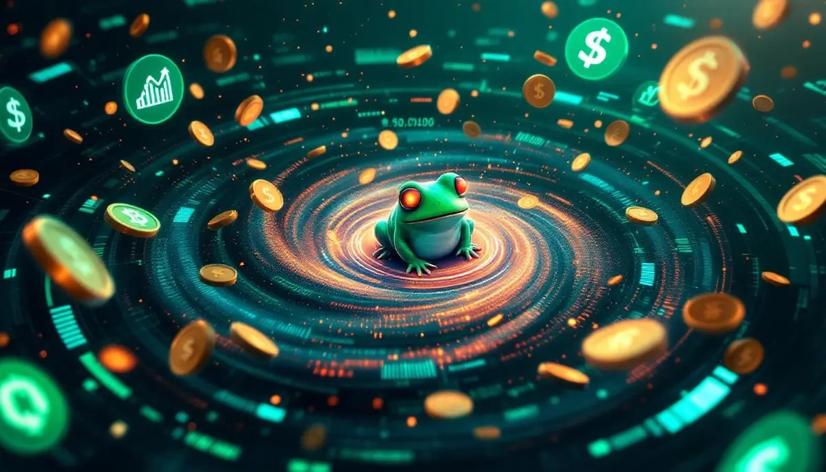 仮想通貨とAI技術を象徴する未来的なデジタル空間で輝くPepenodeのロゴ