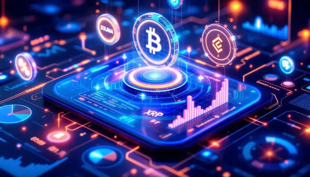 AIが分析するソラナ、XRP、チェーンリンクを含む仮想通貨ポートフォリオの未来的なホログラム表示
