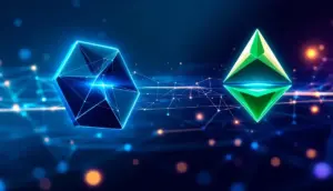 人工知能が選んだリップルの競合となる仮想通貨、ステラとアルゴランドのロゴが浮かび上がる未来的なイメージ
