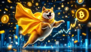 AIが予測する次世代ミームコインMaxi Dogeを象徴する、力強い犬のキャラクターのイラスト