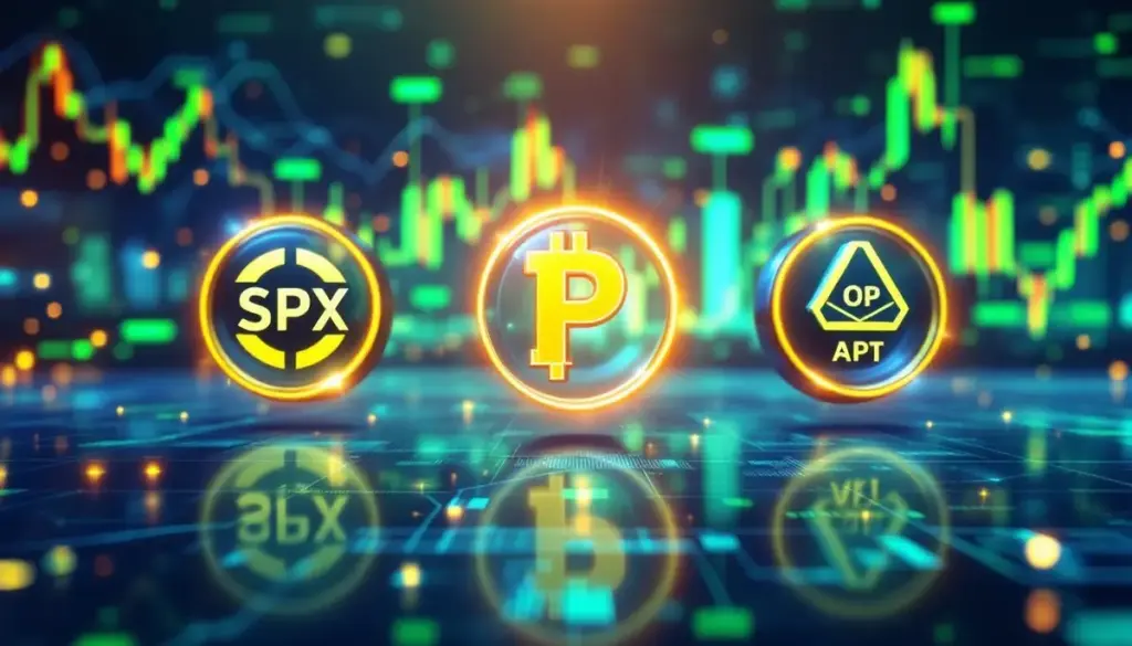 SPX、OP、APTのロゴが未来的なダッシュボード上で輝き、右肩上がりのチャートが表示されている様子