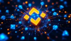バイナンスのロゴとアスター（ASTER）のロゴがデータストリームで結びついている未来的なイメージ