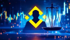 バイナンスのロゴと創業者のシルエットを背景に、仮想通貨の上場に関する議論を象徴する天秤
