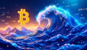 ビットコインの4年周期を表す波に乗るBTCロゴの抽象的なイメージ