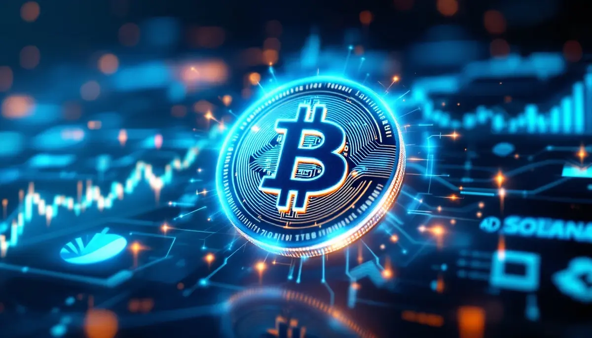 ミームコイン市場とBitcoin Hyperを象徴する未来的なビジュアルの仮想通貨イメージ