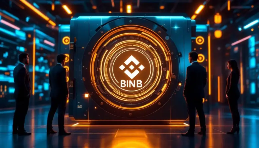 バイナンスコイン（BNB）が厳重に保管されている様子を示す未来的な金庫のイメージ