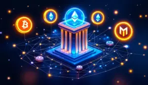 ブラジルの投資銀行が推奨する5つの仮想通貨ロゴが輝くイメージ