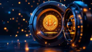 安全な金庫に保管された輝くビットコインのシンボルと、利回りを象徴するデジタルデータの流れ