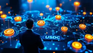 コインベースのUSDCグローバル決済サービスを象徴する未来的な地球儀とデジタルネットワークのイメージ。