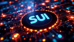 未来的なデータストリームを背景に青く光るSUIのロゴ