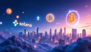 ソラナやビットコインなど仮想通貨のロゴが浮かび、機関投資家の参入を示唆する未来的な都市のイメージ