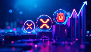 XRP、ソラナ、ペペのロゴが輝く、仮想通貨市場の成長を示す背景画像