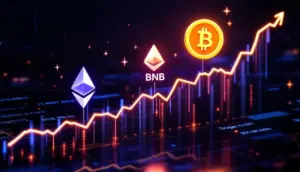 イーサリアム、BNB、ドージコインのロゴが上昇するチャートと重なり、仮想通貨市場の回復を象徴する画像
