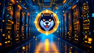 ドージコインのロゴが輝く、未来的な仮想通貨マイニング施設