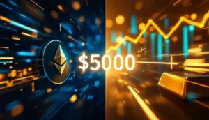 イーサリアムと金が5000ドルに向けて競争する様子を表現したイメージ