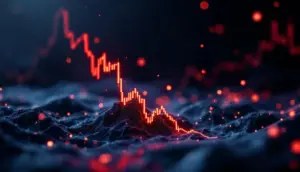 急落する赤いグラフとデジタルネットワークの背景が描かれた、仮想通貨企業の株価暴落を示す画像