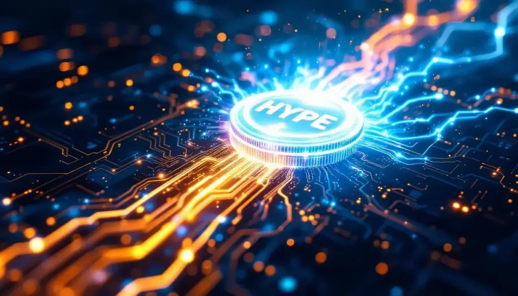 企業の資金調達と仮想通貨HYPEトークンの関係を示す未来的なイメージ