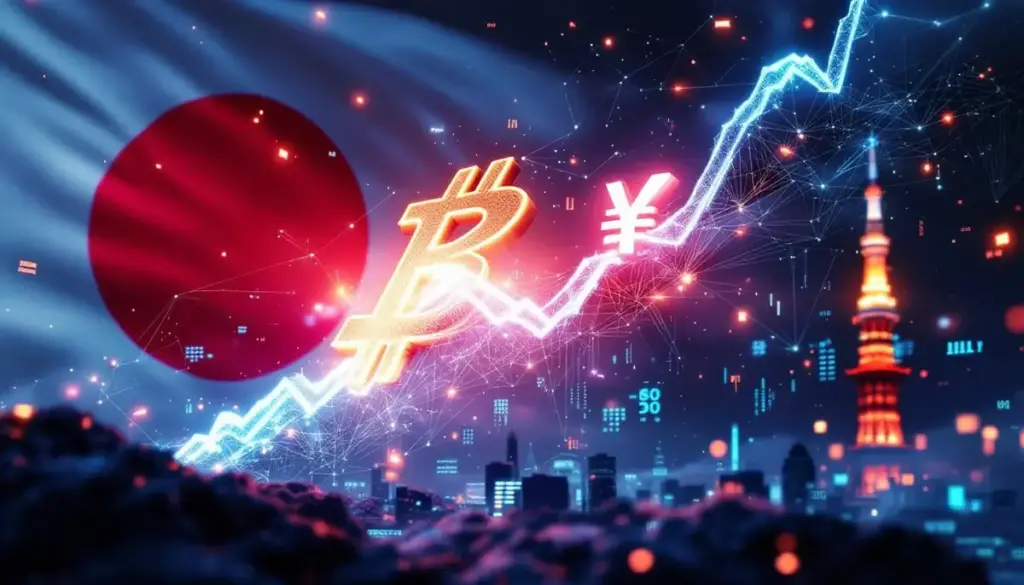 日本の国旗と東京の夜景を背景に、上昇するビットコインのロゴと日本円のシンボルが描かれた未来的な画像