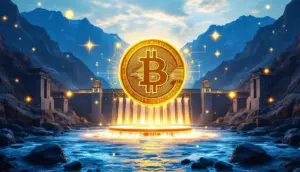キルギスの水力発電施設とデジタル通貨ネットワークを表現する未来的なイメージ