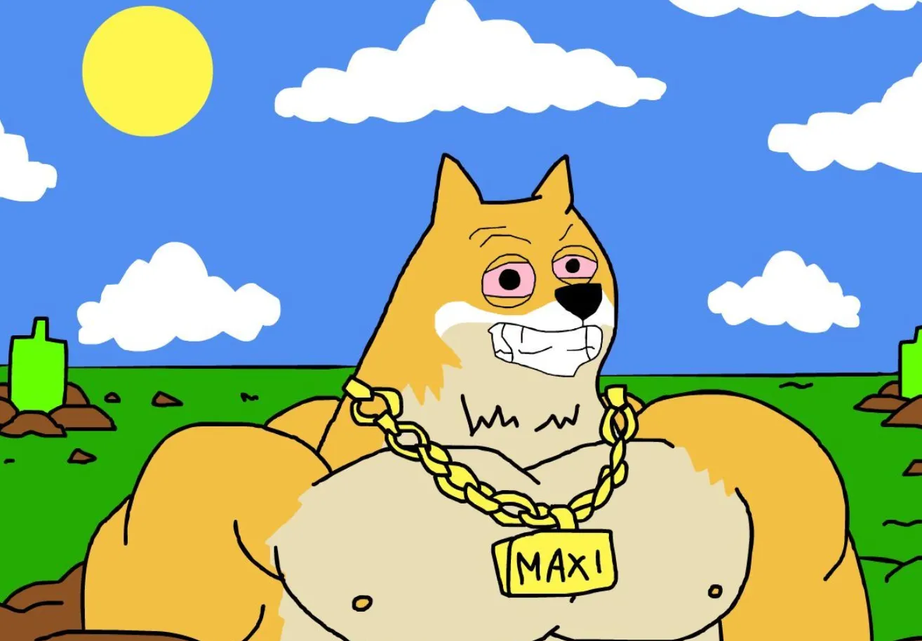 Maxi Dogeのミームが土から出て笑っている様子