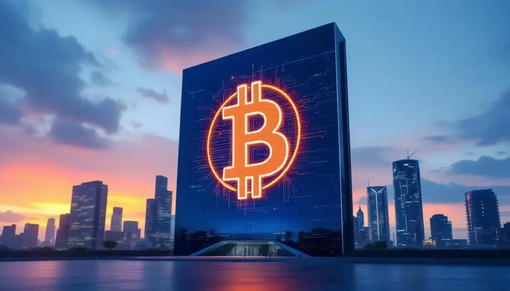 ストラテジー社のビットコイン企業財務戦略を象徴する未来的な画像