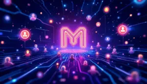 Monadのロゴからトークンがコミュニティに広がっていく未来的なイメージ