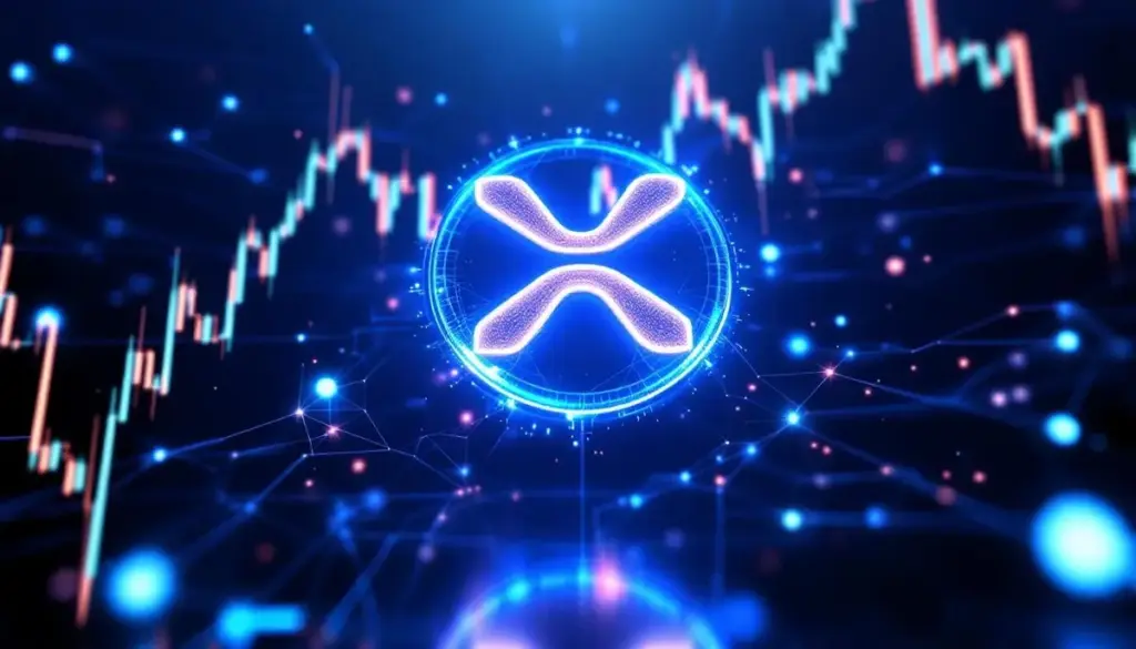 AIによる分析を示すデータに囲まれたリップル（XRP）のロゴ