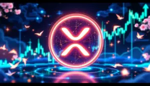 リップル（XRP）のロゴと上昇するチャート、そして日本の関与を象徴する未来的な背景